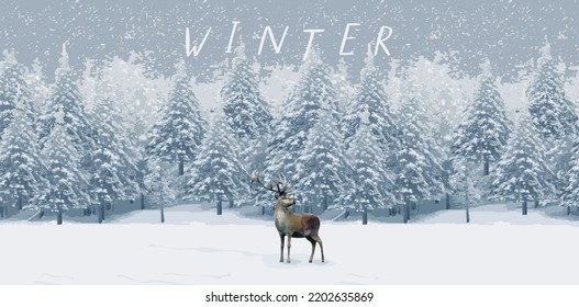 
Winter forest and  deer animal. Vector illustrations of winter, snowy trees,
 snow for banner, postcard or background