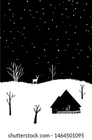 Winter forest with deer and house. Night scenery with falling snow