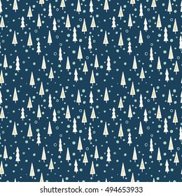 Winter forest doodle seamless pattern. Hand drawn messy fir trees. Childish vector Christmas background.