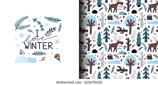 Winter forest elk seamless pattern and print. Snowy tree and animal, frozen berries, blue branches, snowflakes. Hand drawn New Year and Christmas textile, wrapping paper, wallpaper nursery. Vector