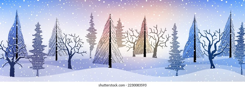 Winterwald, Abendlicht und Schneefräse, Panoramablick, Vektorgrafik