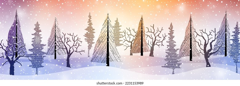 Winterwald, Abendlicht und Schneefräse, Panoramablick, Vektorgrafik
