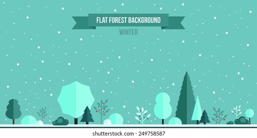 Winter Forest Flat Background. Simple And Cute Landscape For Your Design