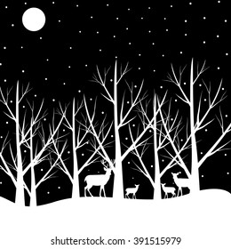 winter forest with a flock of reindeer ,vector illustration