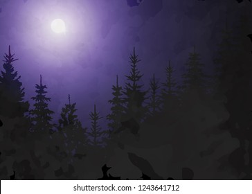 Winter forest with fog background, vector mountain landscape. Christmas tree firs with full moon and dark blue night sky.  Dark Watercolor Painting style. Vector illustration 