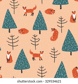 Winter forest and foxes vector seamless pattern