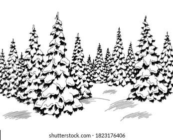 Winter forest graphic black white fir tree landscape sketch illustration vector