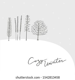 Winter forest. Hand drawn line trees and snow. 