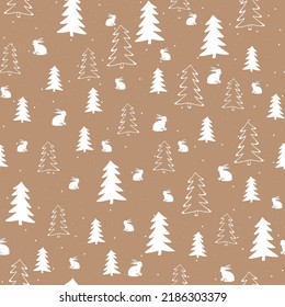  Winter forest hand drawn seamless background. New Year, Christmas, holidays with Christmas tree and hare for printing, paper, design, fabric, decor, gift wrapping, background. 