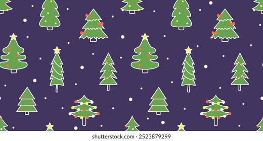 Winter forest hand drawn seamless background. New Year, Christmas. Seamless pattern with fir trees and snowfall on dark background. Design for print, paper, design, fabric, gift wrap. Vector