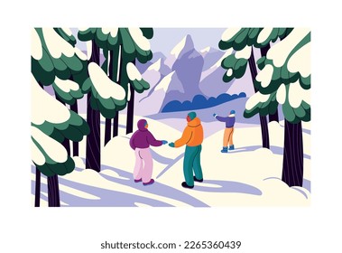 Winter forest with happy people walking in frost. Snowy landscape with friends strolling among trees in snow, mountains in sunny cold weather on wintertime holiday, vacation. Flat vector illustration