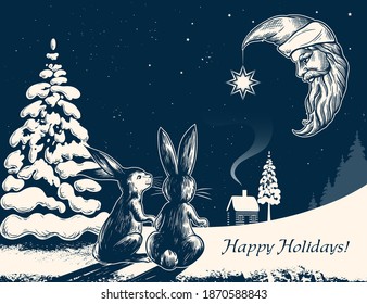 Winter forest, hares, log cabin and Crescent Moon Santa in the night starry sky. Christmas vintage card. Vector monochrome illustration.