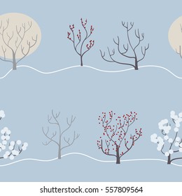 Winter forest horizontal seamless pattern with different types of trees. Vector hand drawn illustration.