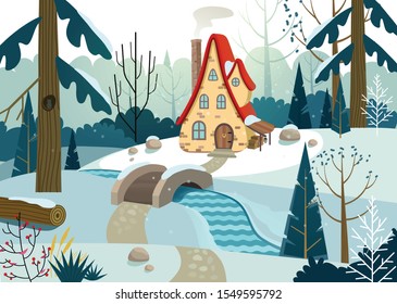 Winter forest with a house and a bridge over the river. House surrounded by trees and snow. Flat vector illustration.