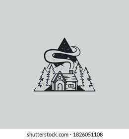 winter forest house with chimney mono line style vector illustration.