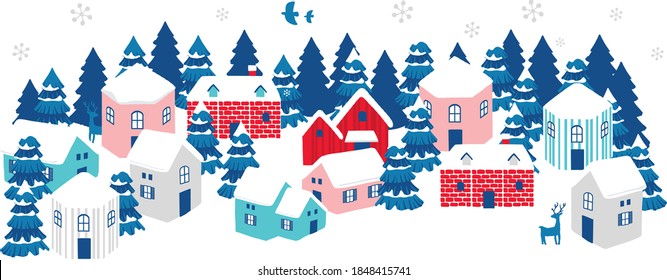 winter forest and  houses in a small town landscape.Mid-winter Greetings.