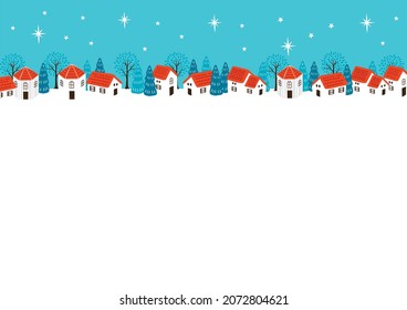 Winter forest and  houses in a small town landscape.Mid-winter Greetings.  