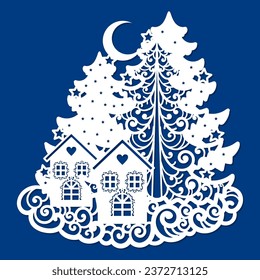 Winter forest with houses. Template for laser cutting from paper, cardboard, wood, metal. For the design of Christmas and New Year decorations, cards, Christmas tree decorations, interior decorations,