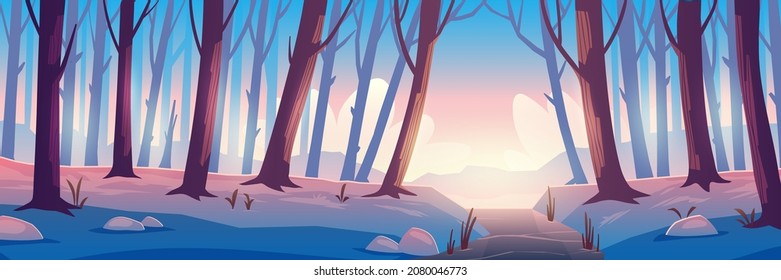 Winter forest with ice on river, bare trees and snow on land. Vector cartoon illustration of snowy woods landscape with tree trunks and frozen water in brook at evening