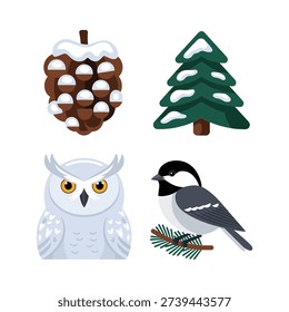 Winter forest icons, pinecone with snow, evergreen tree, owl and chickadee, nature walk event session materials, holiday season clipart vector