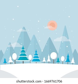 Winter forest illustration. Christmas snow nature background. Snowfall and mountains on background.