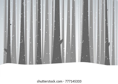 Winter forest illustration. Christmas snow nature background. Snowfall and dark trees bark. Tall woods in the snow. Forest of fir-trees. Calm, winter scene.