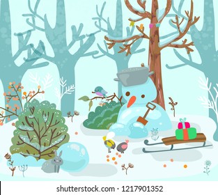 winter forest illustration, landscape with a snowman and sled, beautiful children's illustration for the holiday of Christmas or the New Year