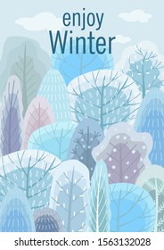 Winter forest illustration. Vector flat design for card, poster, banner. Beautiful template.