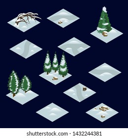 Winter forest isometric tile set with trees and bushes in snow. Isolated isometric tiles to design landscape scenes for game asset or cartoon background.  Vector illustration