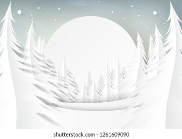 Winter forest landscape background for merry christmas and happy new year greeting card paper art style.Vector illustration.