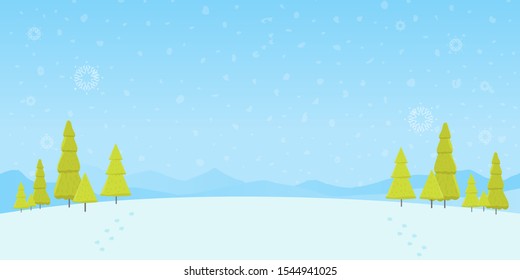 Antecedentes navideños del Paisaje Forestal Invierno, Ilustración Vectorial Pine Snow Woods.