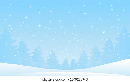 El paisaje de los bosques de invierno. Fondo de Navidad para la tarjeta de felicitación. Banner de Año Nuevo con cielo azul, árboles nevados, nieve, estrellas, bosques nevados. Ilustración vectorial plana. Diseño de caricaturas.