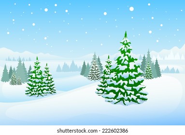 winter forest landscape christmas background, pine snow trees woods vector illustration