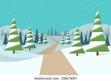 winter forest landscape Christmas background, pine snow trees woods vector illustration