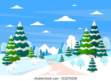 Winter Forest Landscape Christmas Background, Pine Snow Trees Woods Vector Illustration