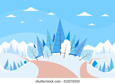 Winter Forest Landscape Christmas Background, Pine Snow Trees Woods Vector Illustration