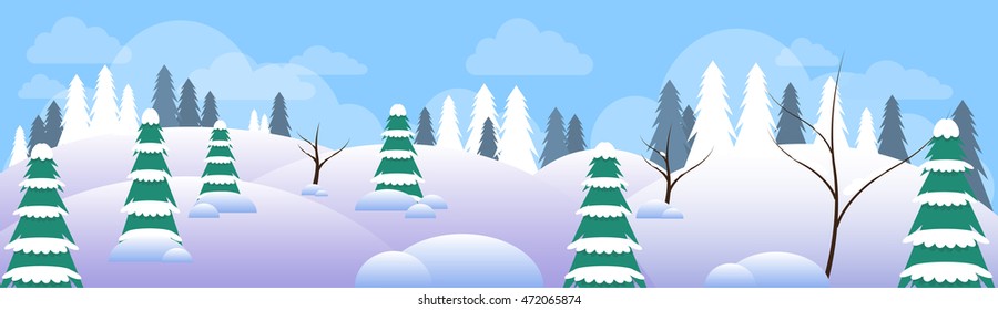 Winter Forest Landscape Christmas Background, Pine Snow Trees Woods Vector Illustration