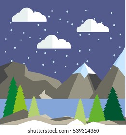 Winter forest landscape with  Christmas tree and mountains. Vector illustration