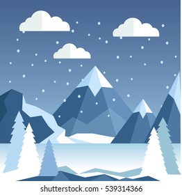 Winter forest landscape with  Christmas tree and mountains. Vector illustration