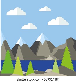 Winter forest landscape with  Christmas tree and mountains. Vector illustration