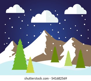 Winter forest landscape with  Christmas tree and mountains. Vector illustration