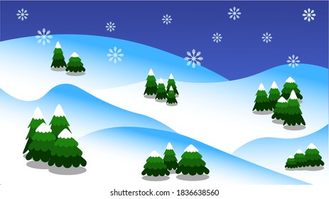 Winter forest landscape with Christmas trees and mountains 16:9 scale ratio
