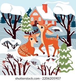 Winter forest landscape with a couple of deer, a house, snow-covered trees, snowdrifts, birds and bushes with berries.Print on fabric and paper.Flat cartoon vector illustration for design card,poster.