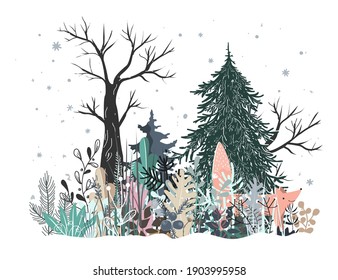 Paisaje Forestal de Invierno con zorro curioso, pino, árbol de Pir y hierba. Ilustración vectorial de dibujos animados