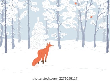 Winter forest landscape with cute ginger fox between trees, flat vector illustration. Northern forest background layout design with wild fox sitting on snow.