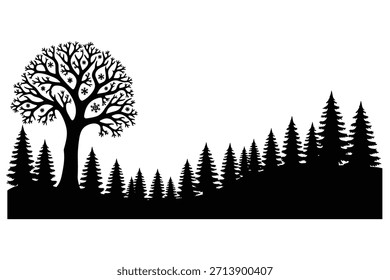 Paisaje de bosque de invierno con árbol decorativo Clipart de Vector negro