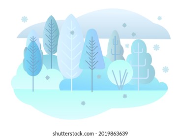 El paisaje de los bosques de invierno. Ilustración simbólica de estilo plano. Paisaje con árboles, arbustos y nevadas. Vida silvestre rural. Vista al campo con heladas. Hermosa foto de arte. Aislado en blanco. Vector