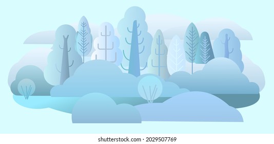 Winter forest landscape. Flat style symbolic illustration. Scenery with trees, shrubs and snowdrifts. Rural wildlife. Countryside view with frost. Beautiful art picture. Vector.
