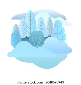 Winter forest landscape. Flat style symbolic illustration. Scenery with trees, shrubs and snowdrifts. Rural wildlife. Countryside view with frost. Beautiful art picture. Isolated on white. Vector.