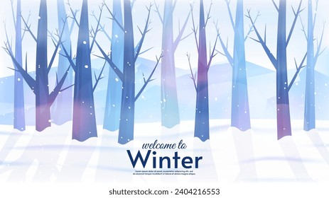 Winter forest landscape. Flat style landscape illustration. Snowfall, blizzard. Design for banner, wallpaper, background, web, invitation. 